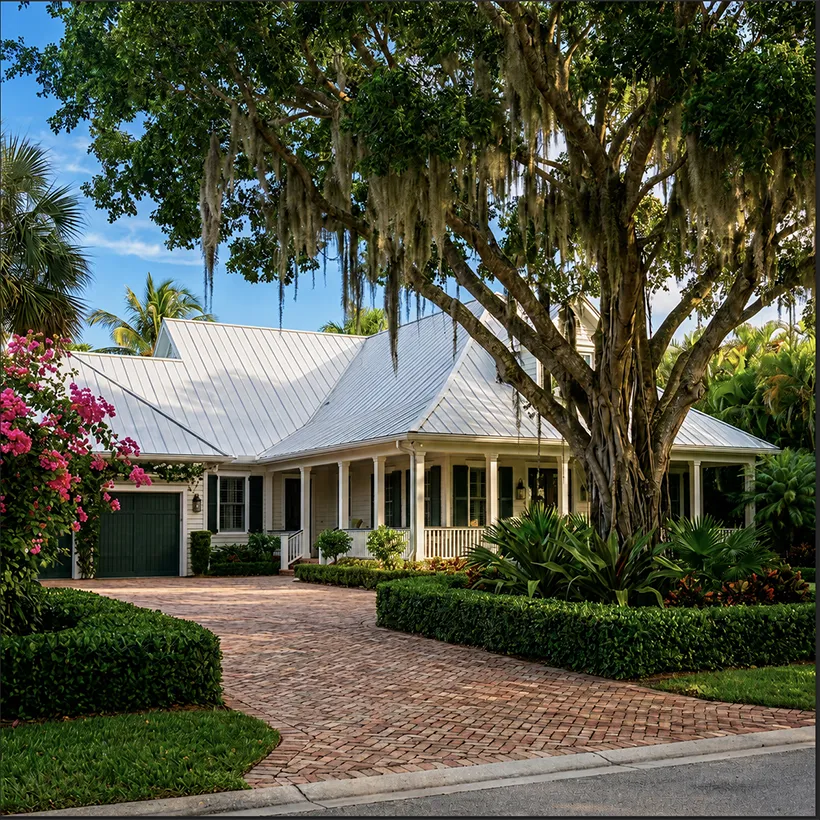 Historic cottage beneath a moss-draped banyan tree in Old Naples, Naples, Florida