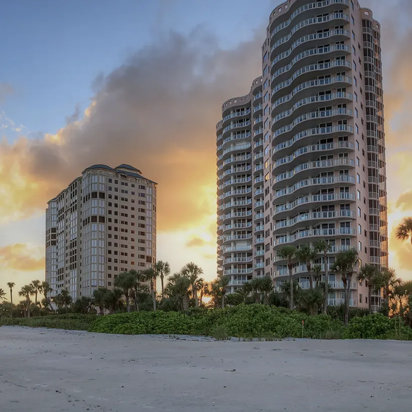 Beachfront condominium towers at Vanderbilt Beach, Naples, Florida