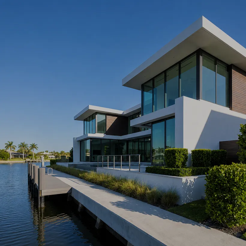 Contemporary waterfront home with a seawall in Royal Harbor, Naples, Florida