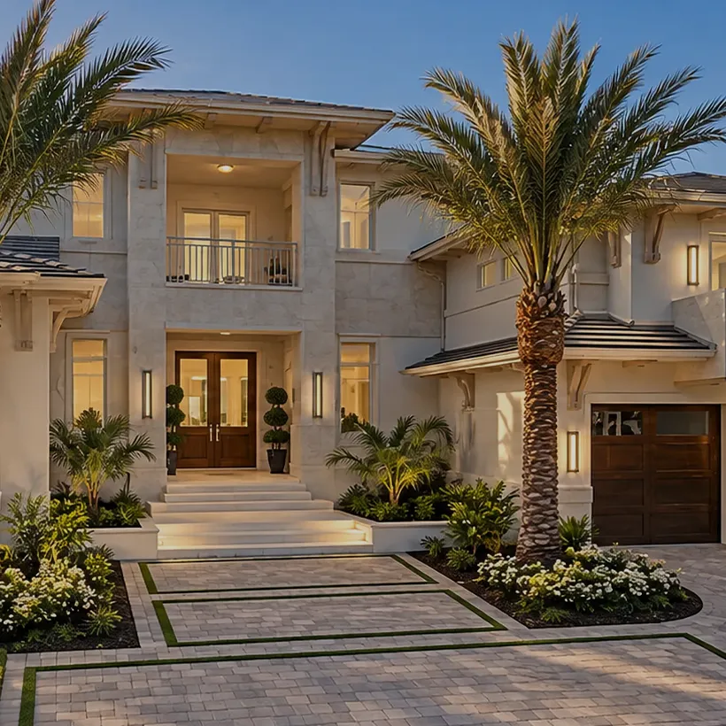 Aqualane Shores residence at dusk with a stone facade, double-height entry and a paver motor court, Naples, Florida