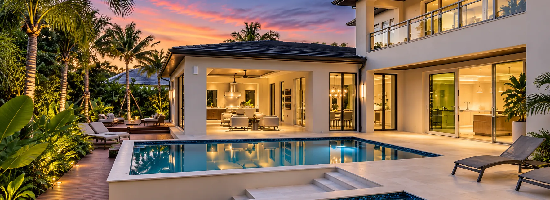 Waterfront Aqualane Shores home at twilight with a lit pool, covered lanai and palms, Naples, Florida