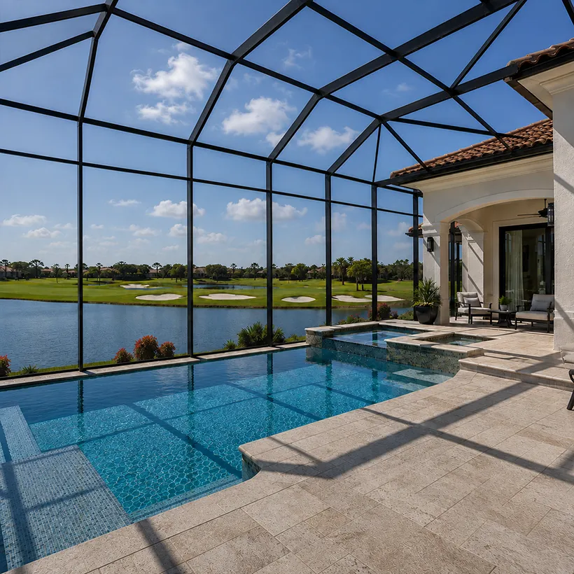 55+ Condos in Naples, Florida: screened pool and spa overlooking a lake and golf course at an Audubon Country Club home in Naples, Florida