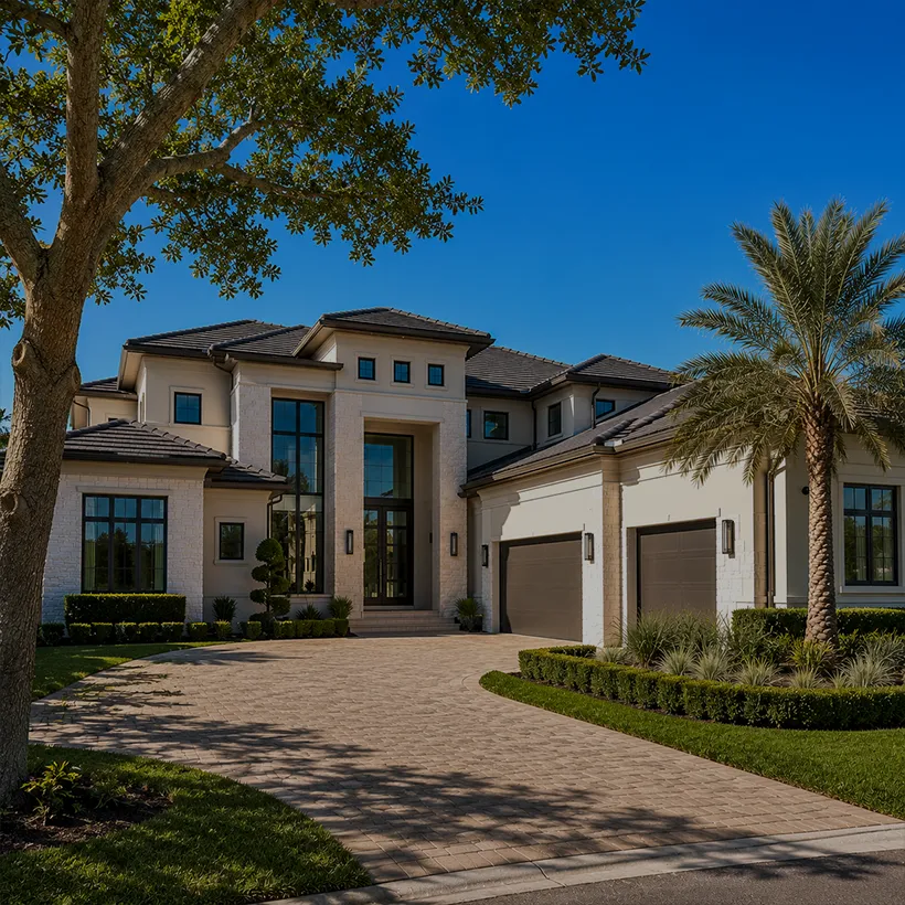 Golf community living in Naples, Florida: two-story estate home with paver drive and oak canopy in Collier's Reserve, Naples, Florida