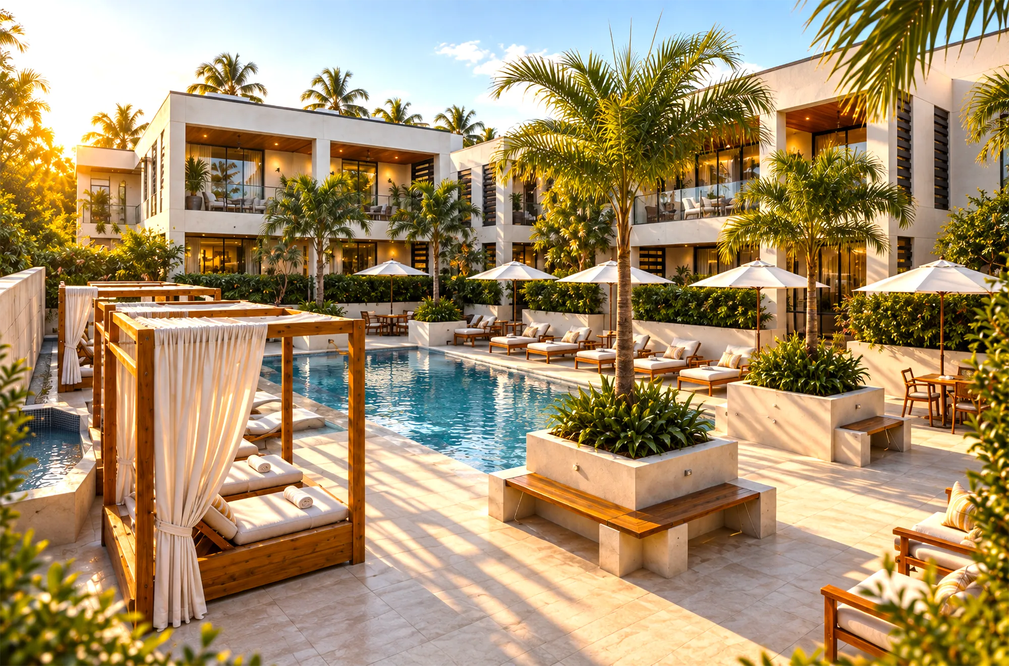 Pool deck with curtained cabanas, lounge chairs and umbrellas at a condominium building in downtown Naples, Florida