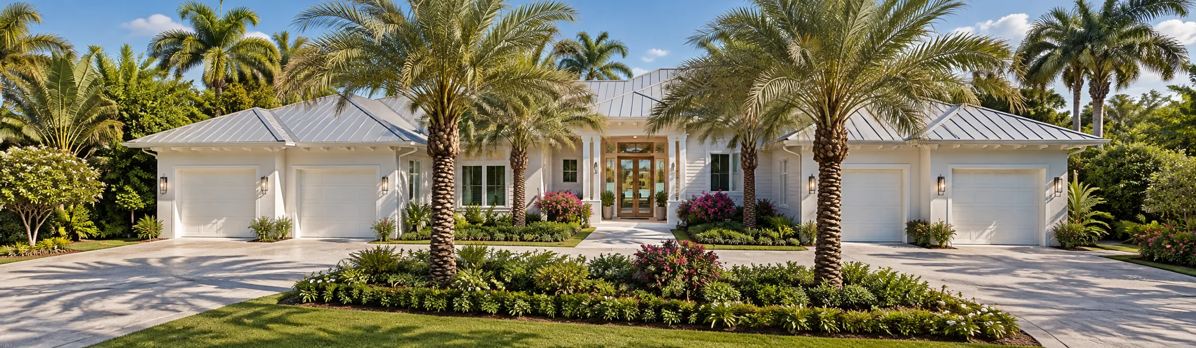 Single-storey Coquina Sands home with a metal roof, four-car garage, circular drive and mature date palms, Naples, Florida