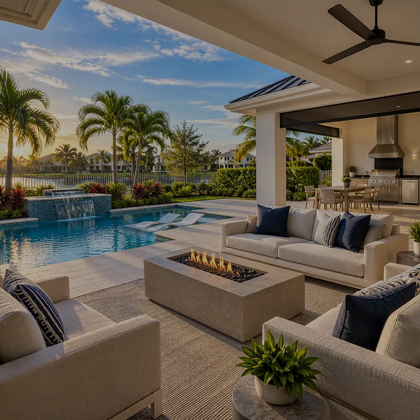 Covered lanai with fire table looking past the pool to the lake at an Enclave of Distinction home in North Naples, Florida