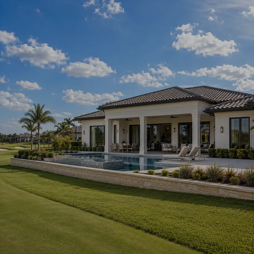 Golf course home with pool and covered lanai seen from the fairway in Fiddler’s Creek, Naples, Florida