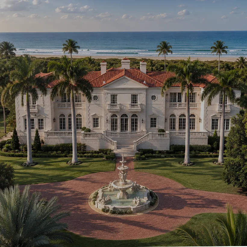 Beachfront Homes in Naples, Florida: beachfront estate with a tiered fountain and royal palms facing the Gulf on Gordon Drive, Naples, Florida