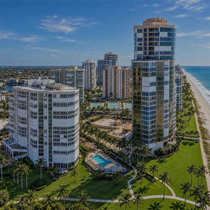 All Naples Condos in Naples, Florida: aerial view of beachfront condominium towers along the Gulf on Gulf Shore Blvd, Naples, Florida