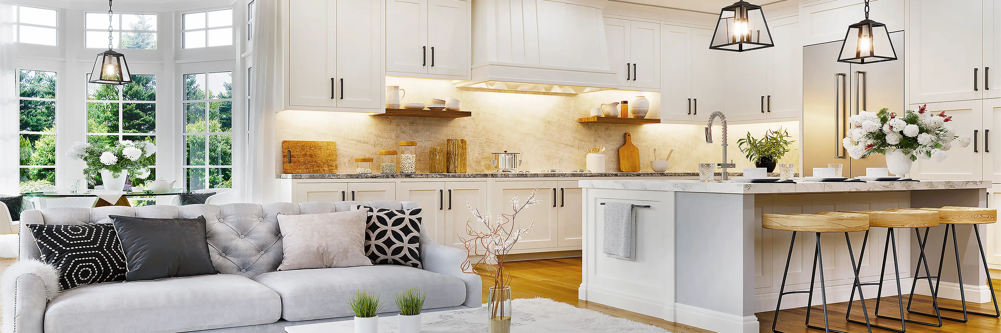 Open-plan kitchen and great room of a luxury Naples, Florida home, the kind of interior our buyers tour with us
