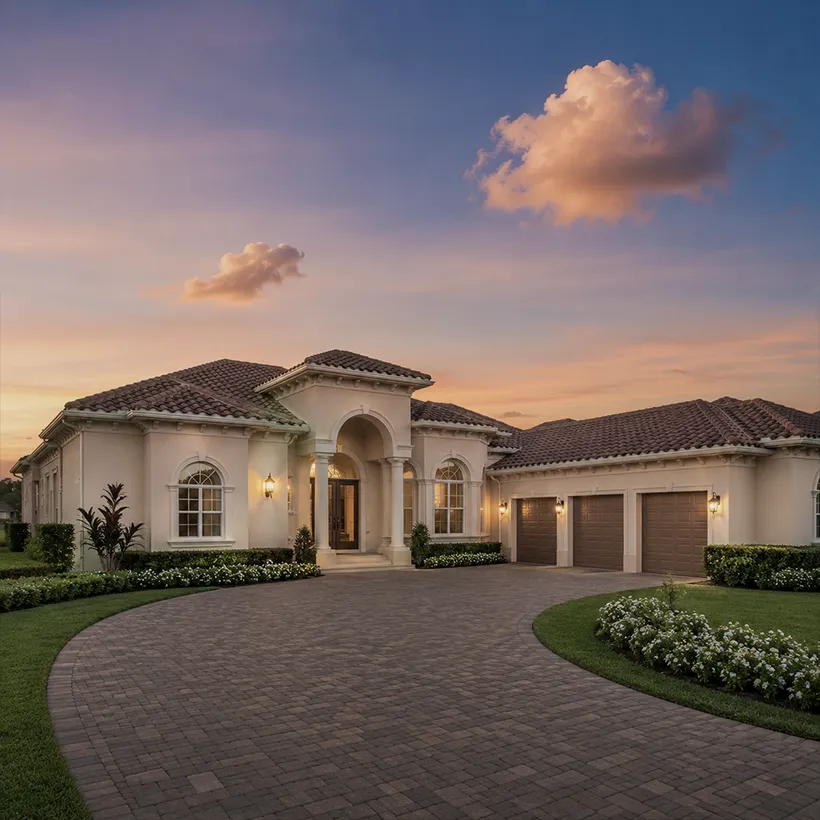 Single-Story Homes in Naples, Florida: stucco home at dusk with arched entry and circular paver drive in Kensington, Naples, Florida
