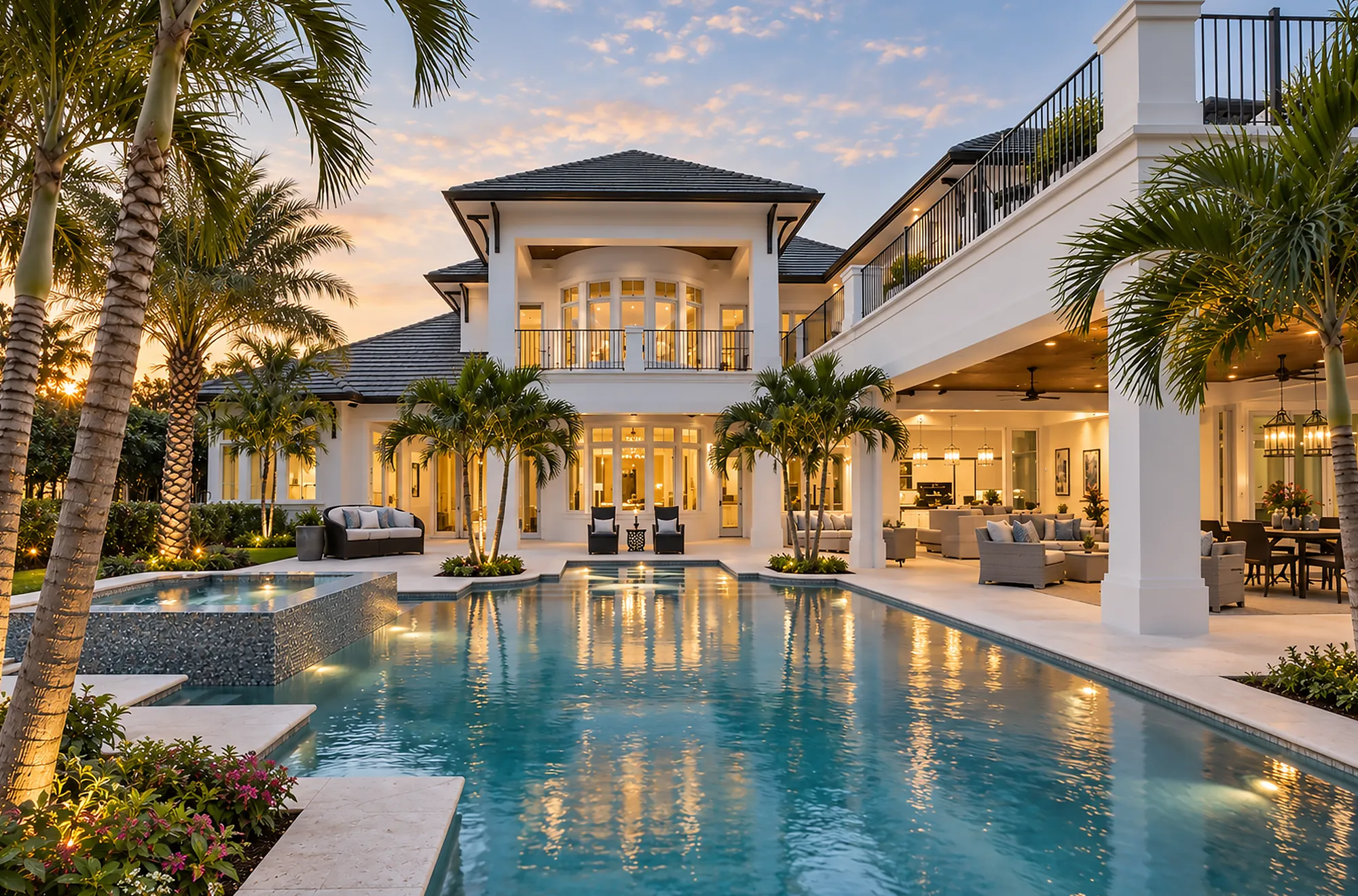 Rear elevation of an Aqualane Shores residence at dusk with a lit pool and spa, covered lanai and royal palms, Naples, Florida