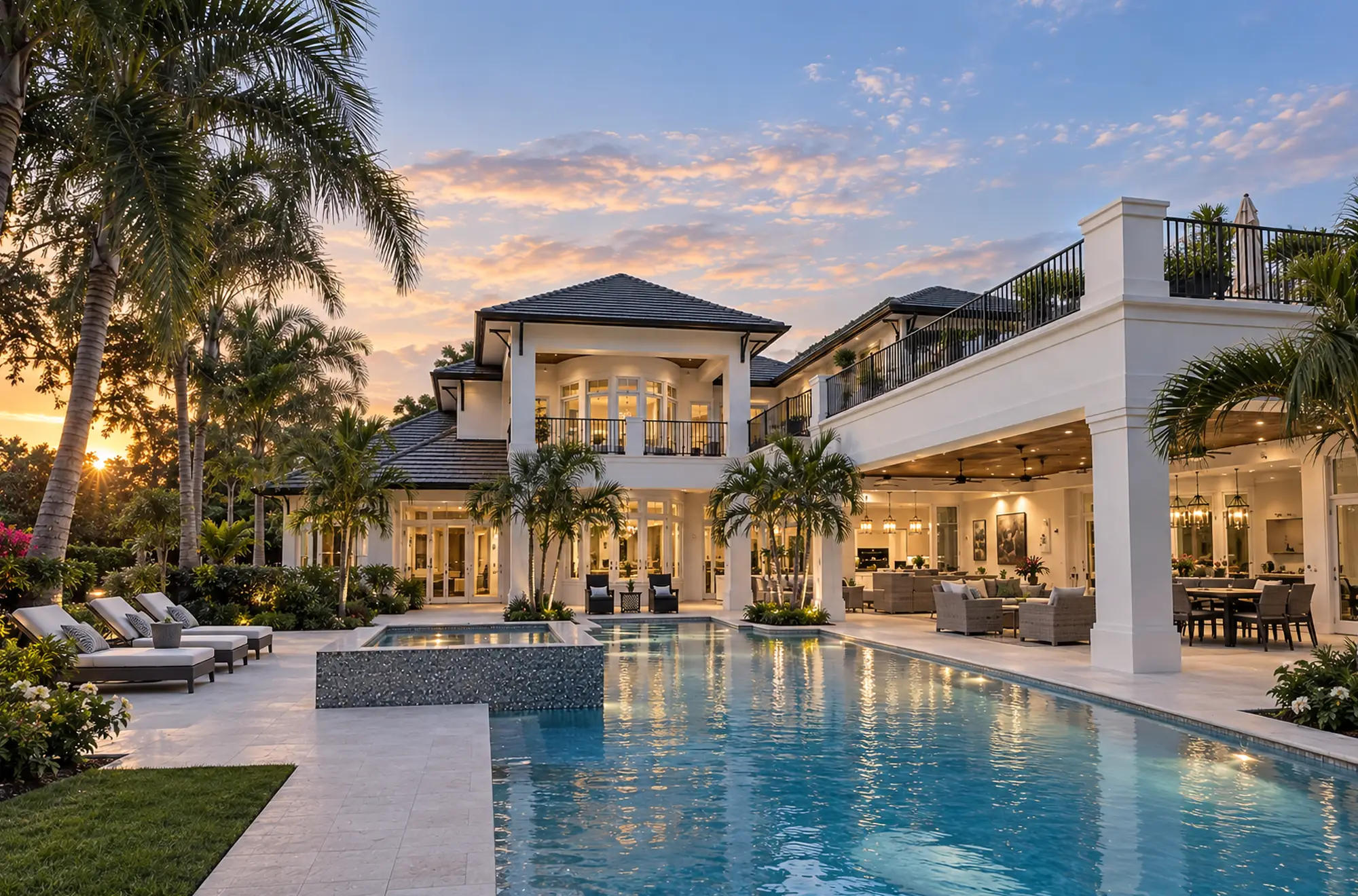 Rear elevation of a Naples luxury home at sunset with a lit pool, covered lanai and royal palms, Naples, Florida