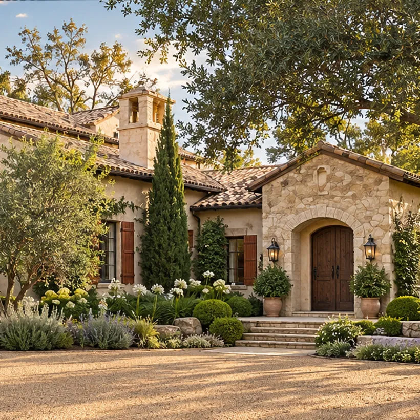 Stone entry and arched front door of a Mediterranean-style home in Mediterra, Naples, Florida