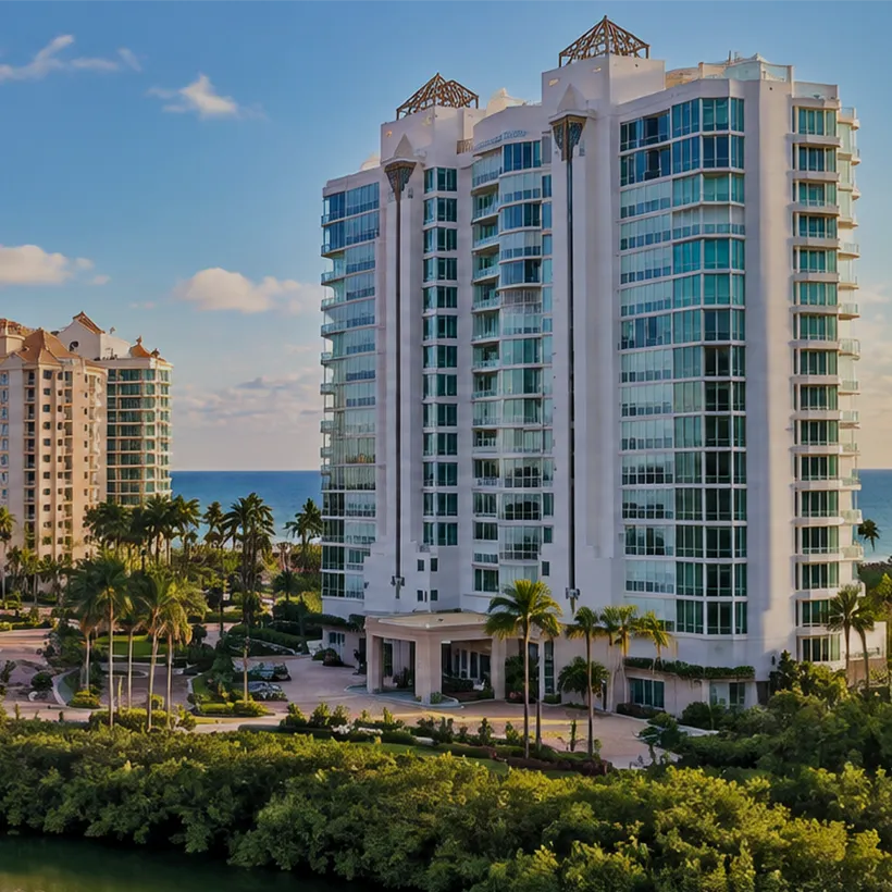 Beachfront Condos in Naples, Florida: white condominium tower at Naples Cay above mangroves and palms, with the Gulf beyond, Naples, Florida