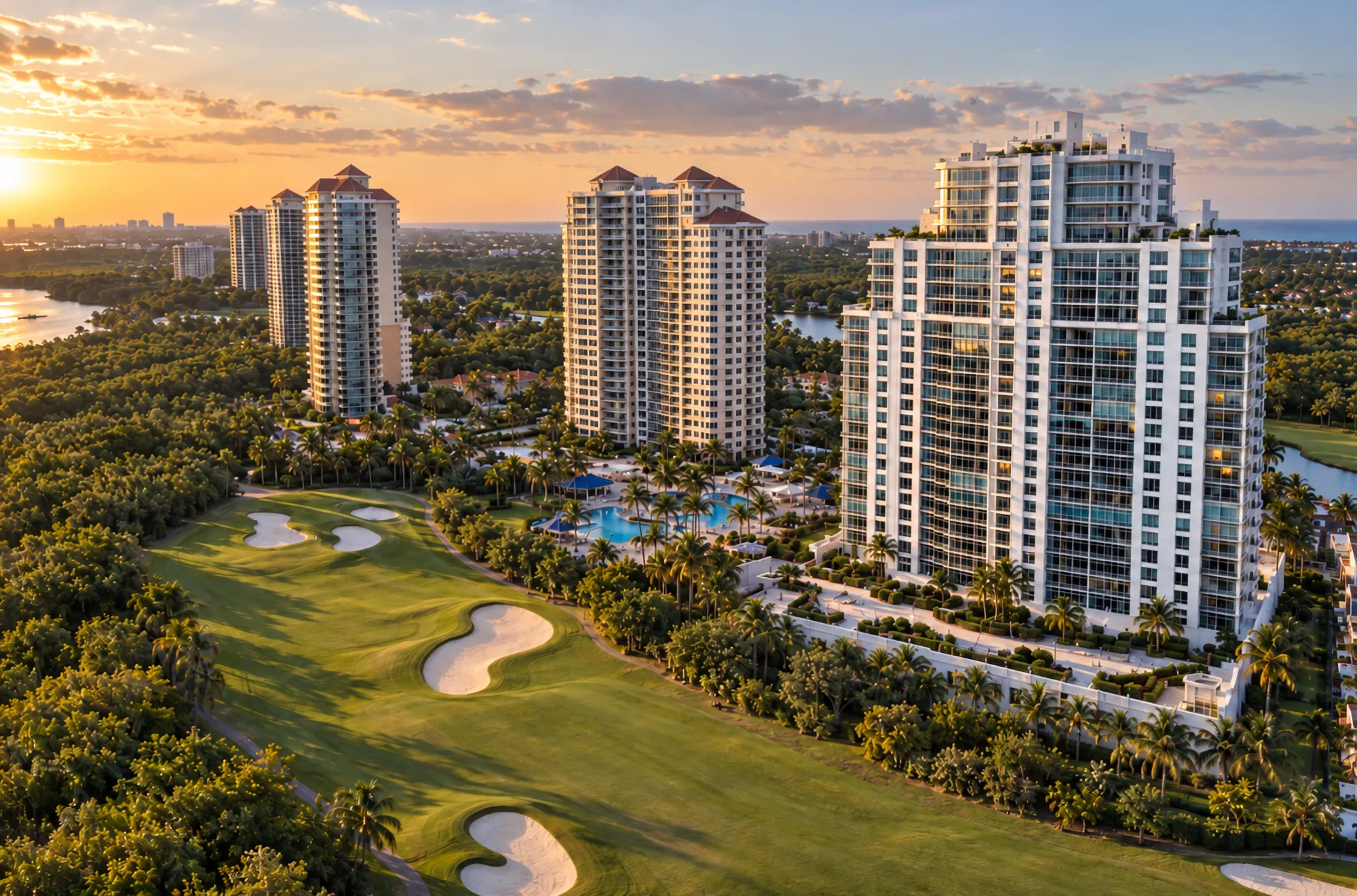 Condominium towers beside a golf course with sand bunkers, at sunset
