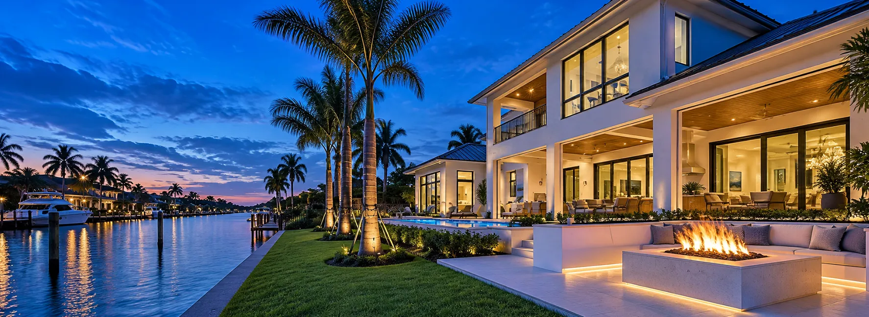 Naples waterfront home at blue hour with a lit lanai, fire feature and pool overlooking a canal lined with palms