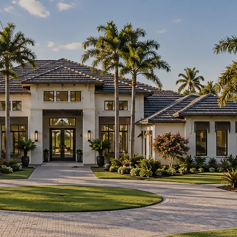 Land for Sale in Naples, Florida: estate home behind oaks and open lawn on an acreage lot in Oakes Estates, North Naples, Florida