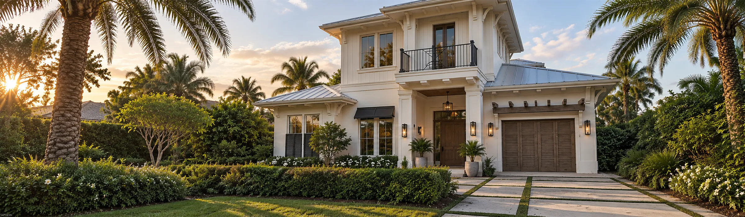 Two-storey Old Naples home at golden hour with a metal roof, louvred garage doors, clipped hedges and royal palms, Naples, Florida