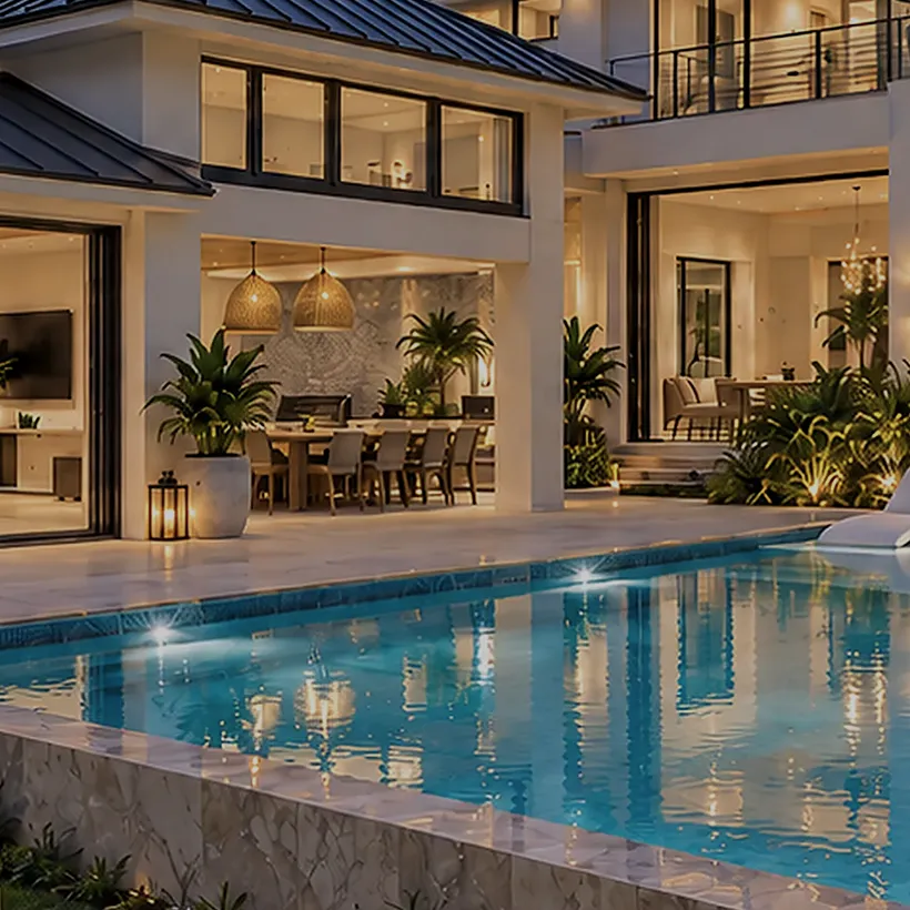 Old Naples home at dusk with a lit lanai, open dining room and a pool in the foreground, Naples, Florida