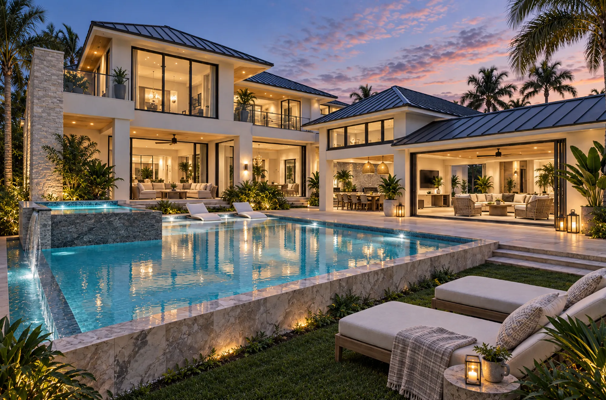 Rear elevation of an Old Naples home at dusk with a lit pool and spa, covered lanai and open sliders, Naples, Florida