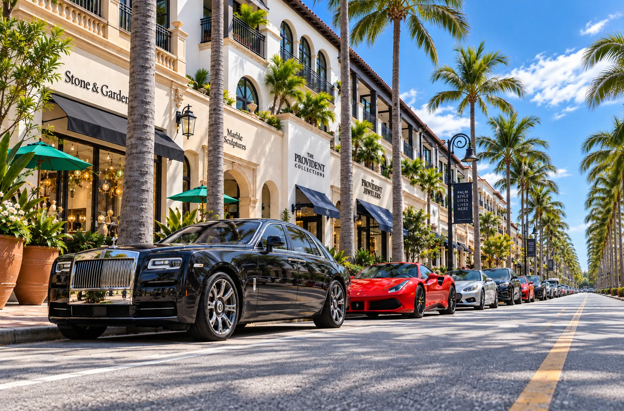 Fifth Avenue South in Old Naples with Mediterranean-style storefronts, royal palms and cars parked at the curb, Naples, Florida