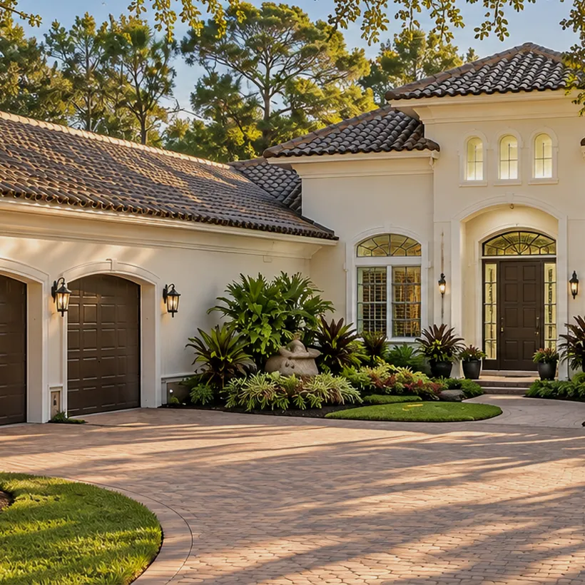 55+ Homes in Naples, Florida: golf course home framed by palms at Olde Cypress, North Naples, Florida