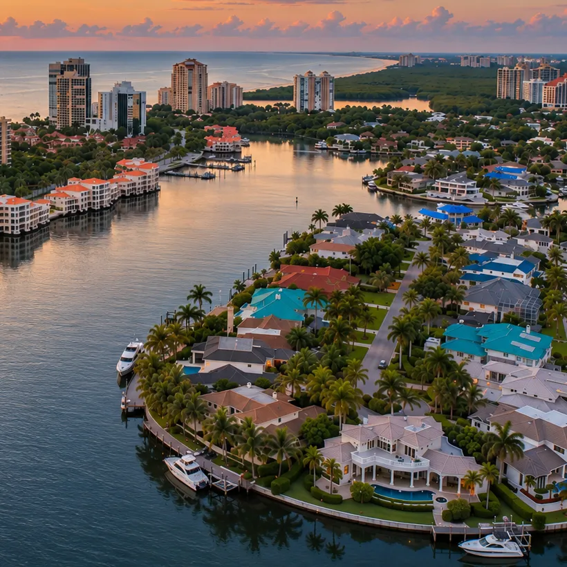 Aerial view at sunset of Park Shore waterfront homes with boat docks along Venetian Bay, Naples, Florida