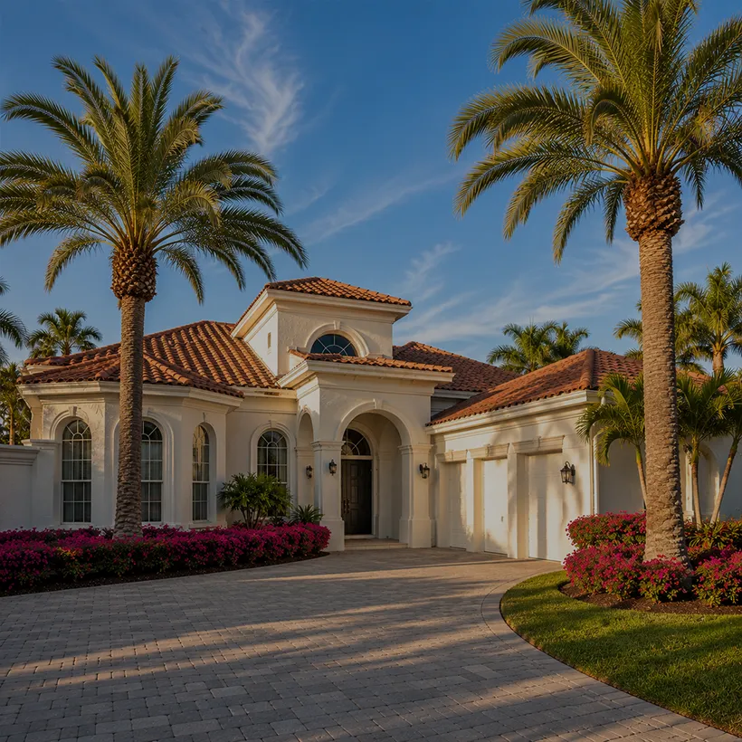 Stucco home with arched entry and royal palms along a paver drive in Pelican Bay, Naples, Florida