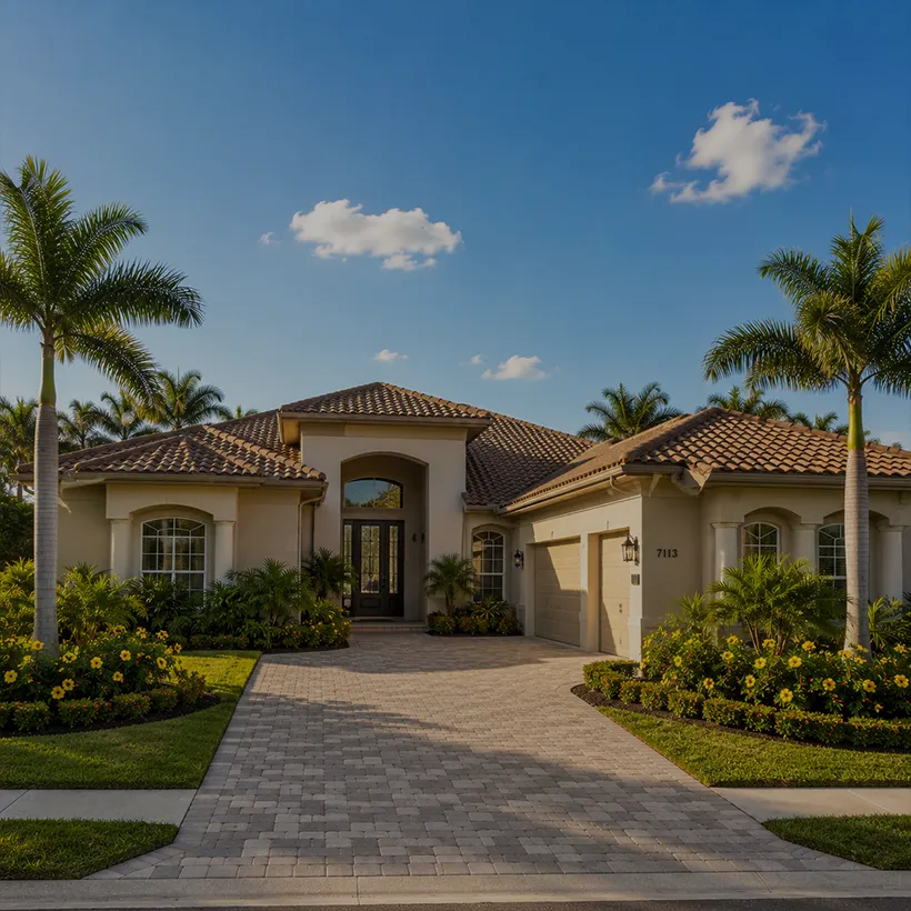 Golf Course Condos in Naples, Florida: single-story home with arched entry and royal palms on a paver drive in Pelican Marsh, Naples, Florida