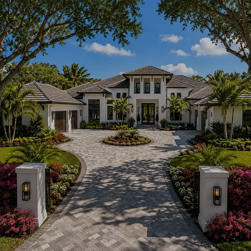 Gated entry piers and a circular drive leading to an estate home beneath oaks in Pine Ridge Estates, Naples, Florida