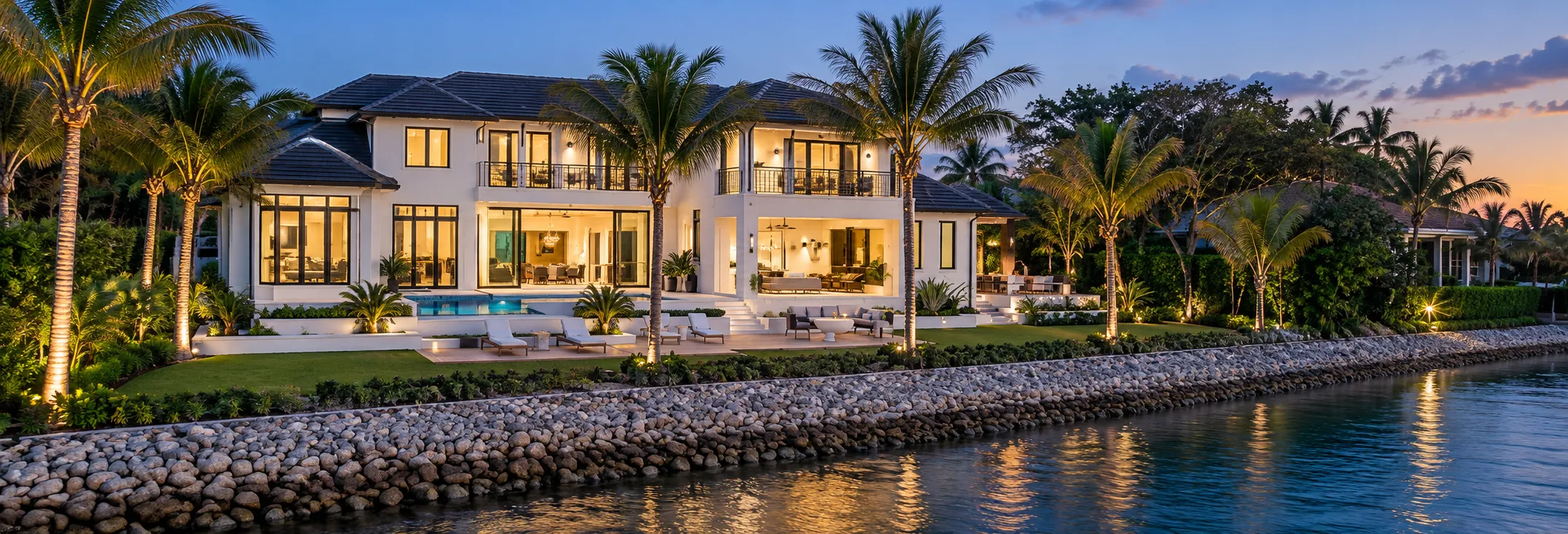 Waterfront rear elevation of a Port Royal estate at dusk with lit interiors, a pool terrace and a rock revetment along the water, Naples, Florida
