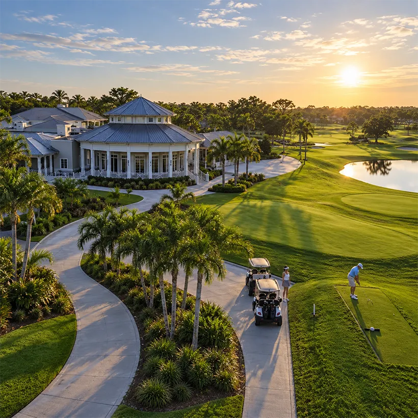 Clubhouse, fairway and golf carts at sunset in Quail Creek, North Naples, Florida