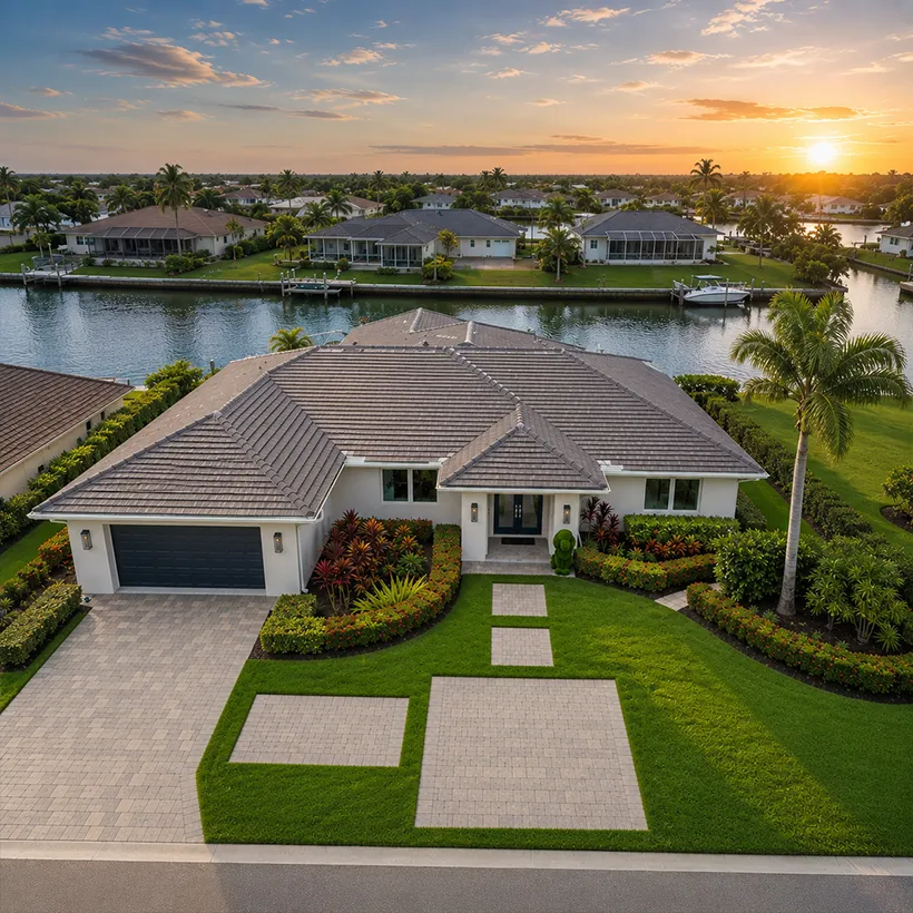 Foreclosure Condos in Naples, Florida: aerial view of a single-story waterfront home on a canal at sunset in Seagate, Naples, Florida