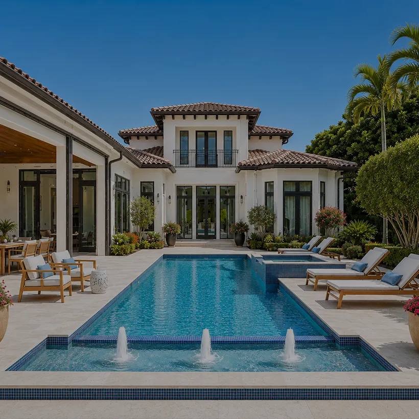 Lap pool with water features facing a two-storey Mediterranean home in Tiburón, North Naples, Florida