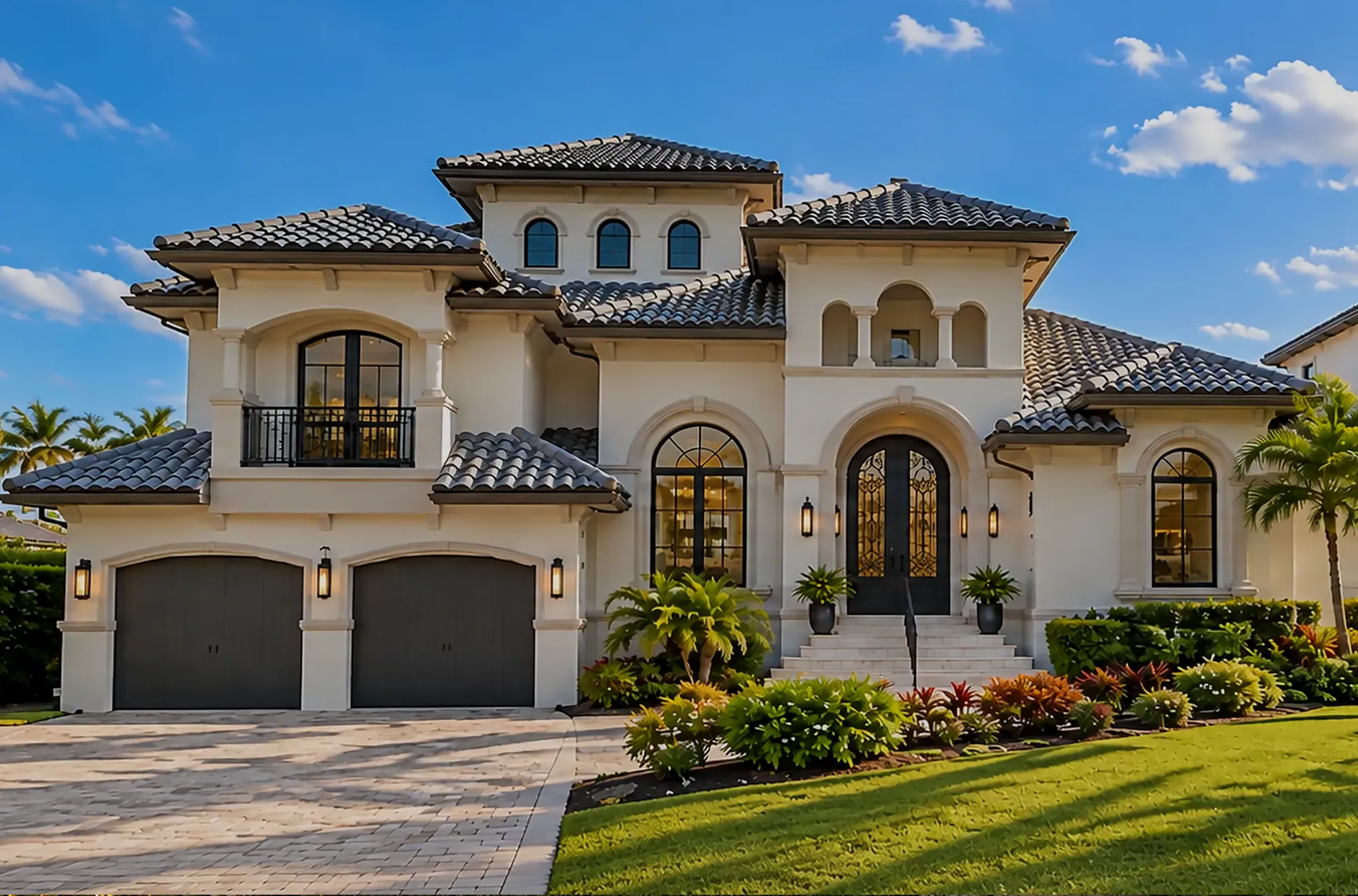 Mediterranean-style two-story home with an arched entry and paver drive in the Conners neighborhood of Vanderbilt Beach, Naples, Florida