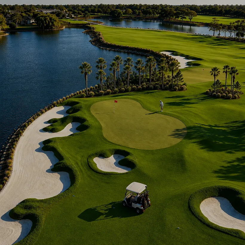 Condos Under $500,000 in Naples, Florida: aerial view of a lakeside green with bunkers and palms on the golf course at Vineyards, Naples, Florida