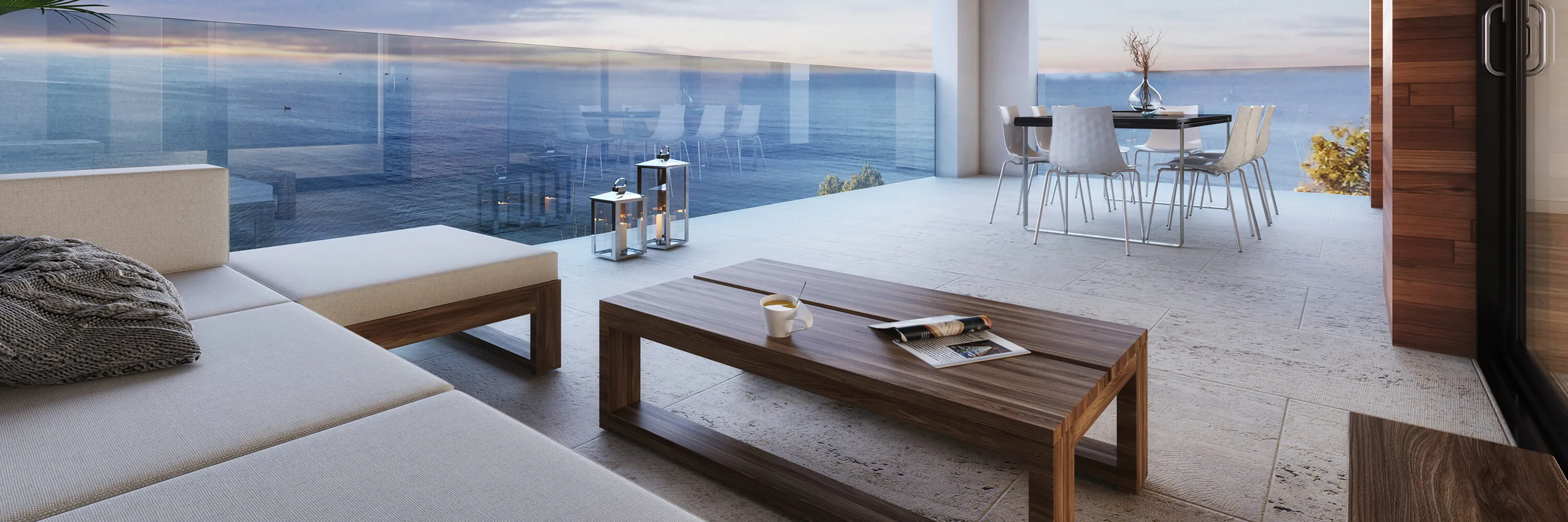 Gulf-view terrace at dusk, the outlook shared by many Bay Colony residences in Naples, Florida