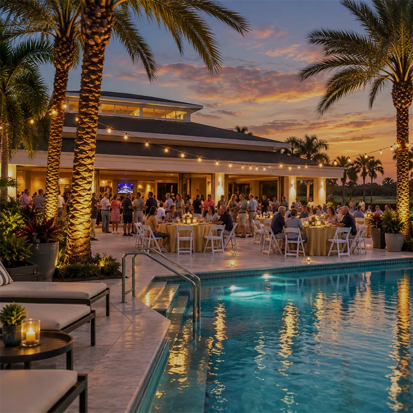 Short Sale Condos in Naples, Florida: evening gathering at the clubhouse pool with string lights and dining tables at Wyndemere, Naples, Florida