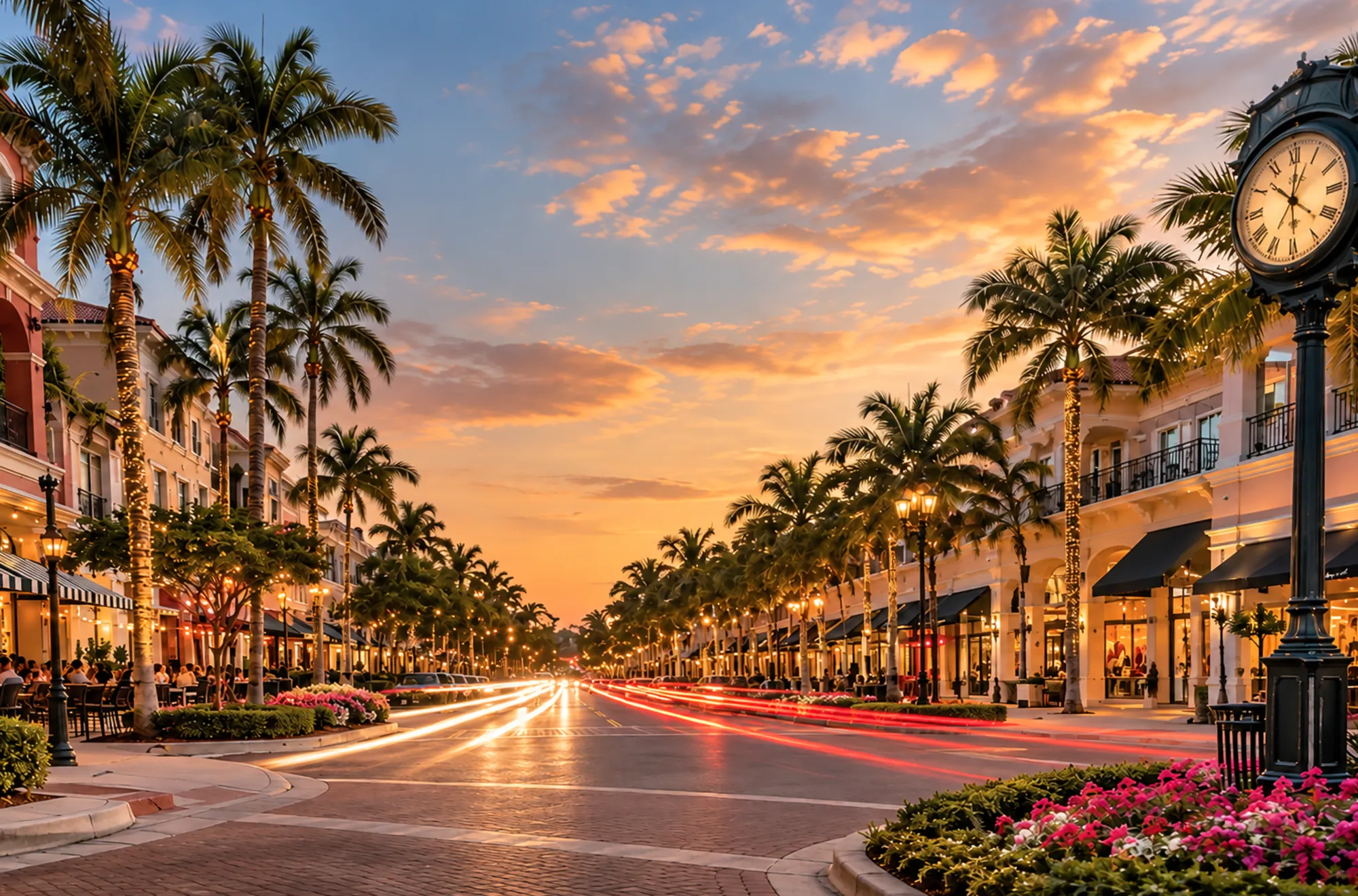 Sidewalk cafés under string-lit palms on Fifth Avenue South, a short drive from Port Royal in Naples, Florida