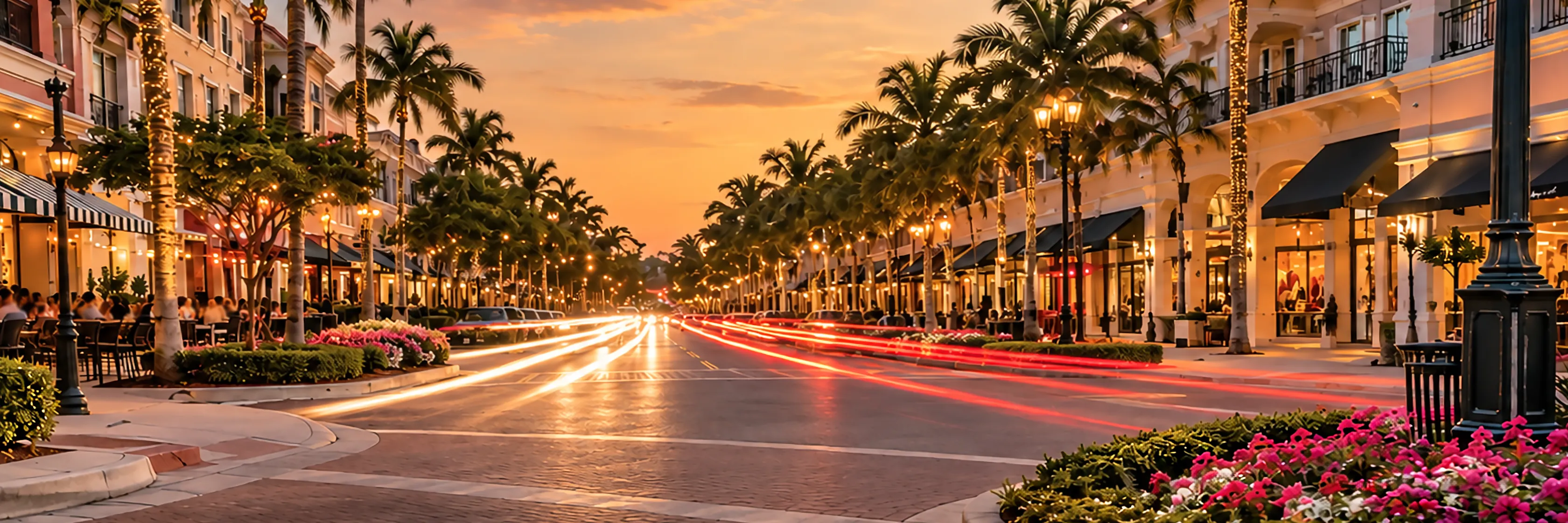 Fifth Avenue South at dusk with outdoor dining and lit palms, in the heart of Old Naples, Florida