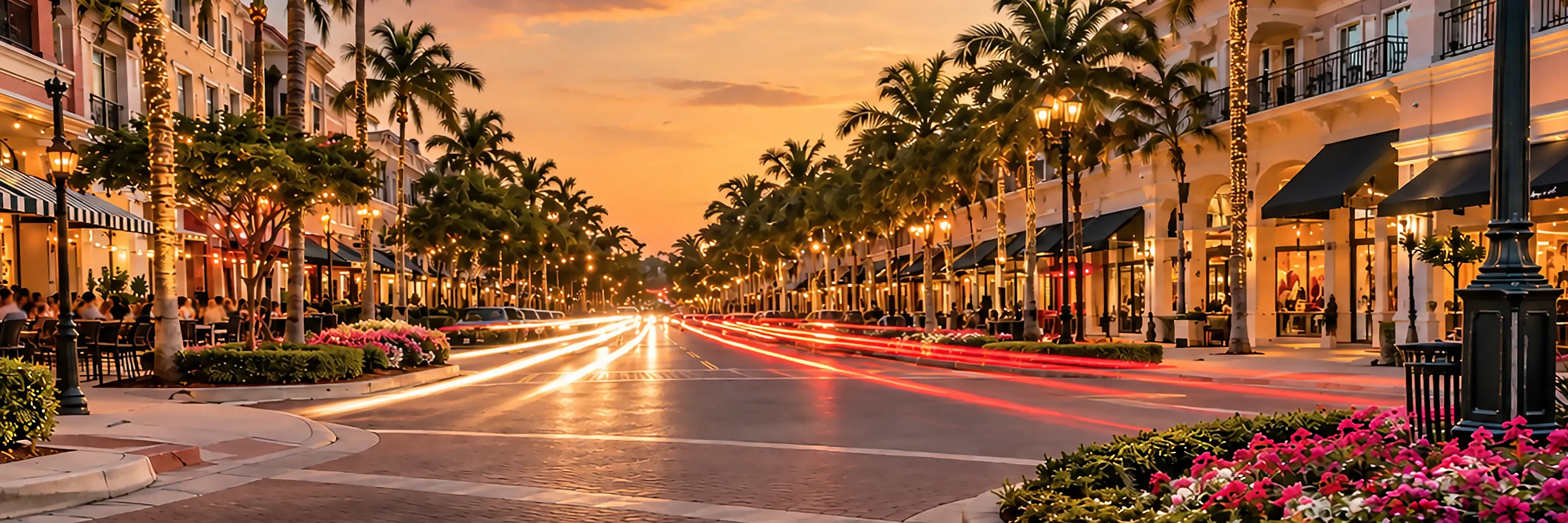 Fifth Avenue South at dusk, with palms wrapped in lights, outdoor dining and car light trails in downtown Naples, Florida