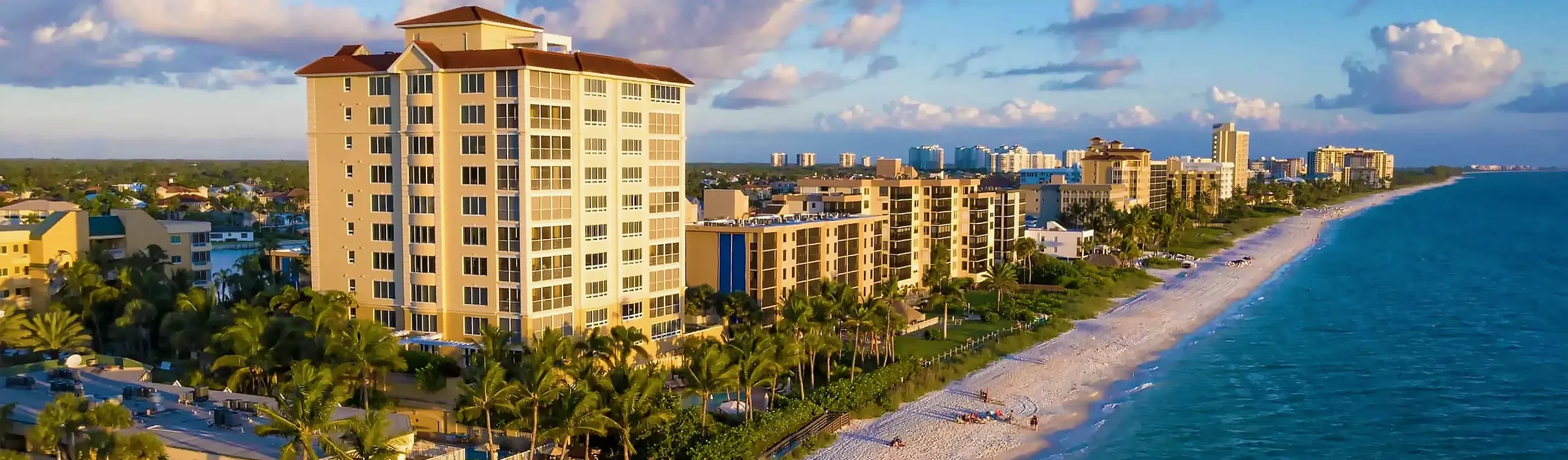 Aerial view of beachfront condominium towers and palms along the sand and the Gulf of Mexico in Naples, Florida