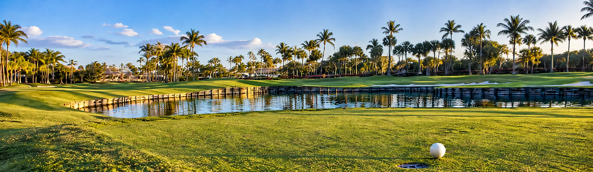 Golf ball beside the cup on a green, with a lake and palms beyond, in a Naples, Florida golf community