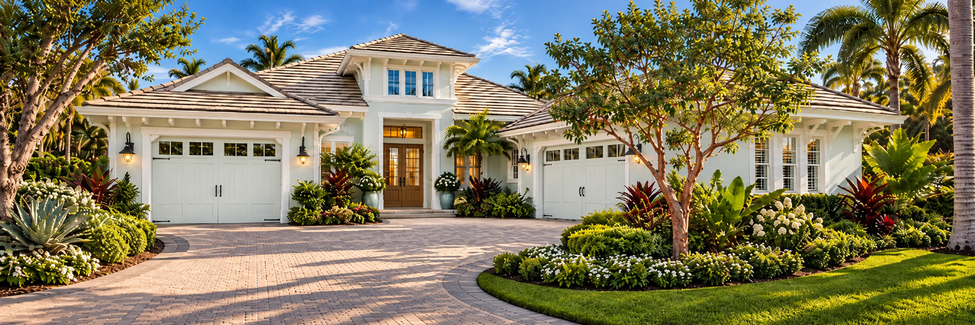 Coastal-style house with twin garages and tropical landscaping in a gated community in Naples, Florida