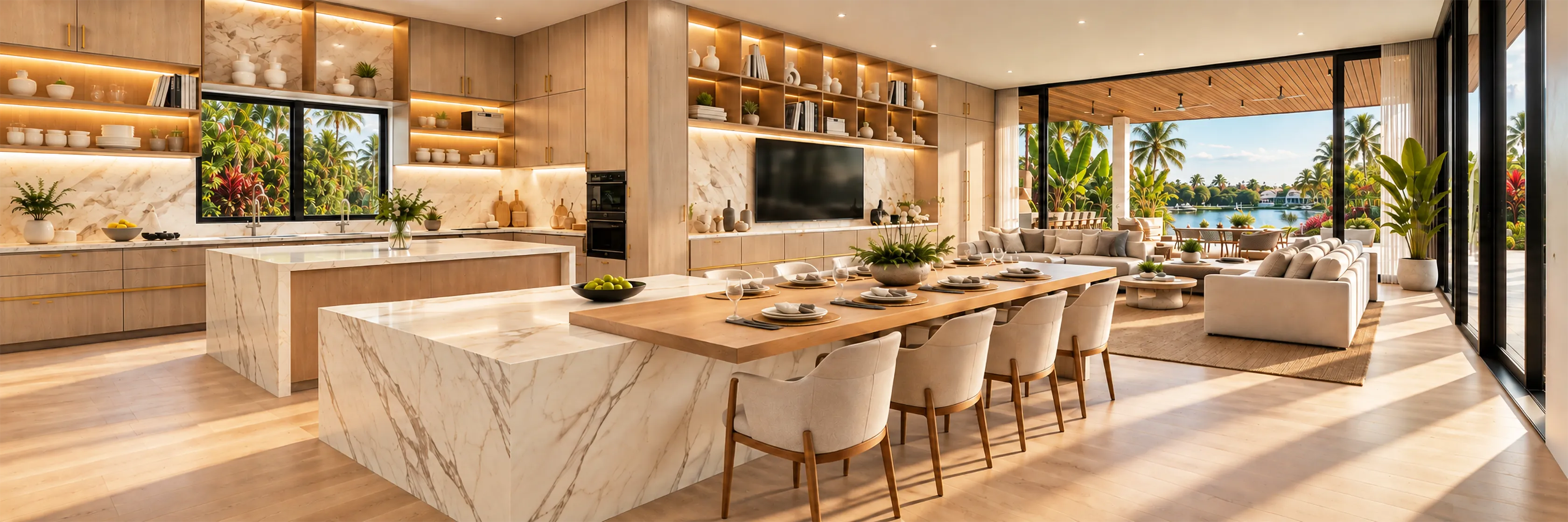 Open kitchen with twin marble waterfall islands, dining bar and living room opening to a lanai and water view in a new Naples, Florida home