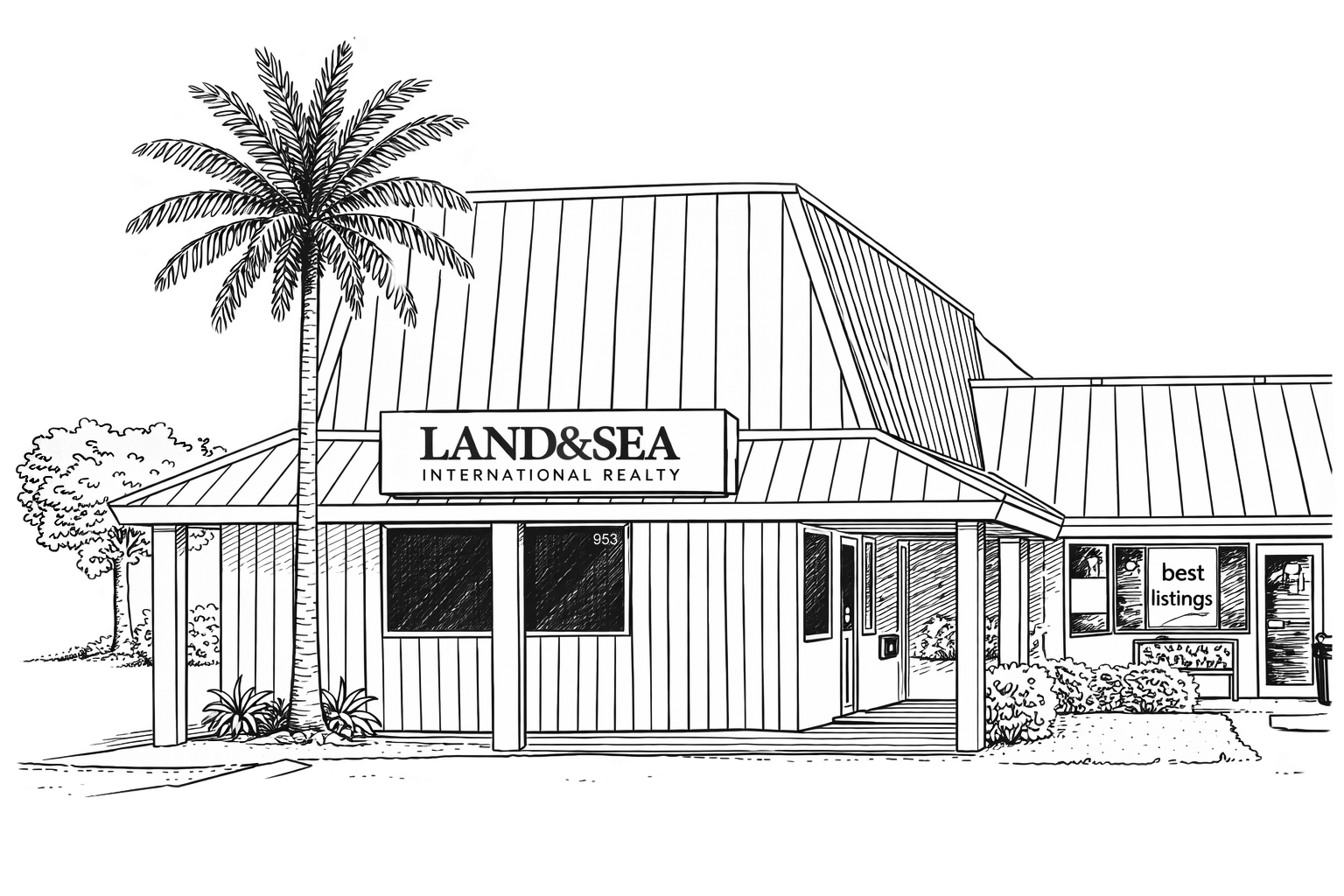 Line drawing of the Land & Sea International Realty office, a single-story building with a metal roof, a palm tree and the company sign