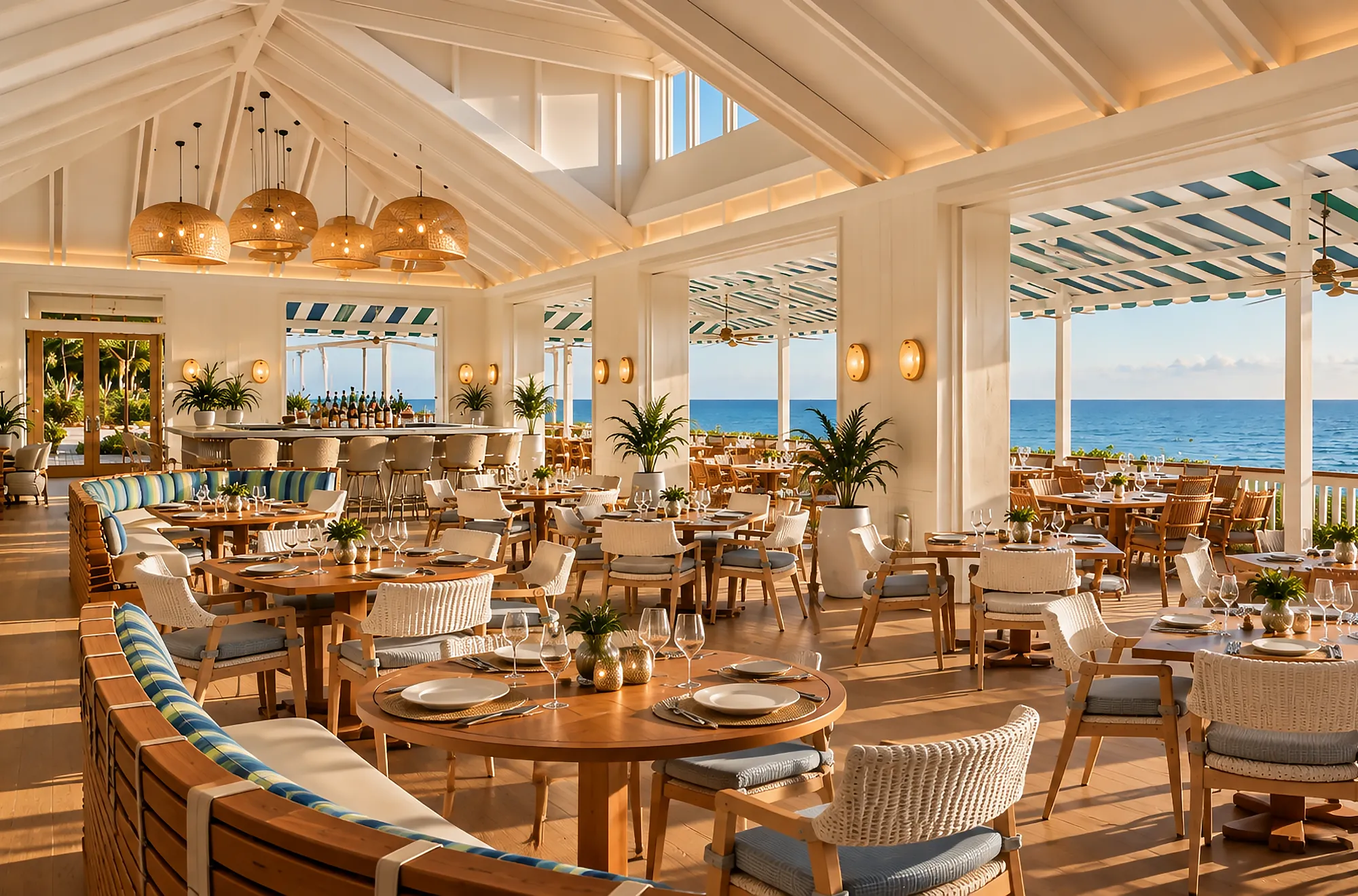 Beachfront dining room with rattan pendants and open sides looking out to the Gulf of Mexico at Naples Beach Club, Naples, Florida