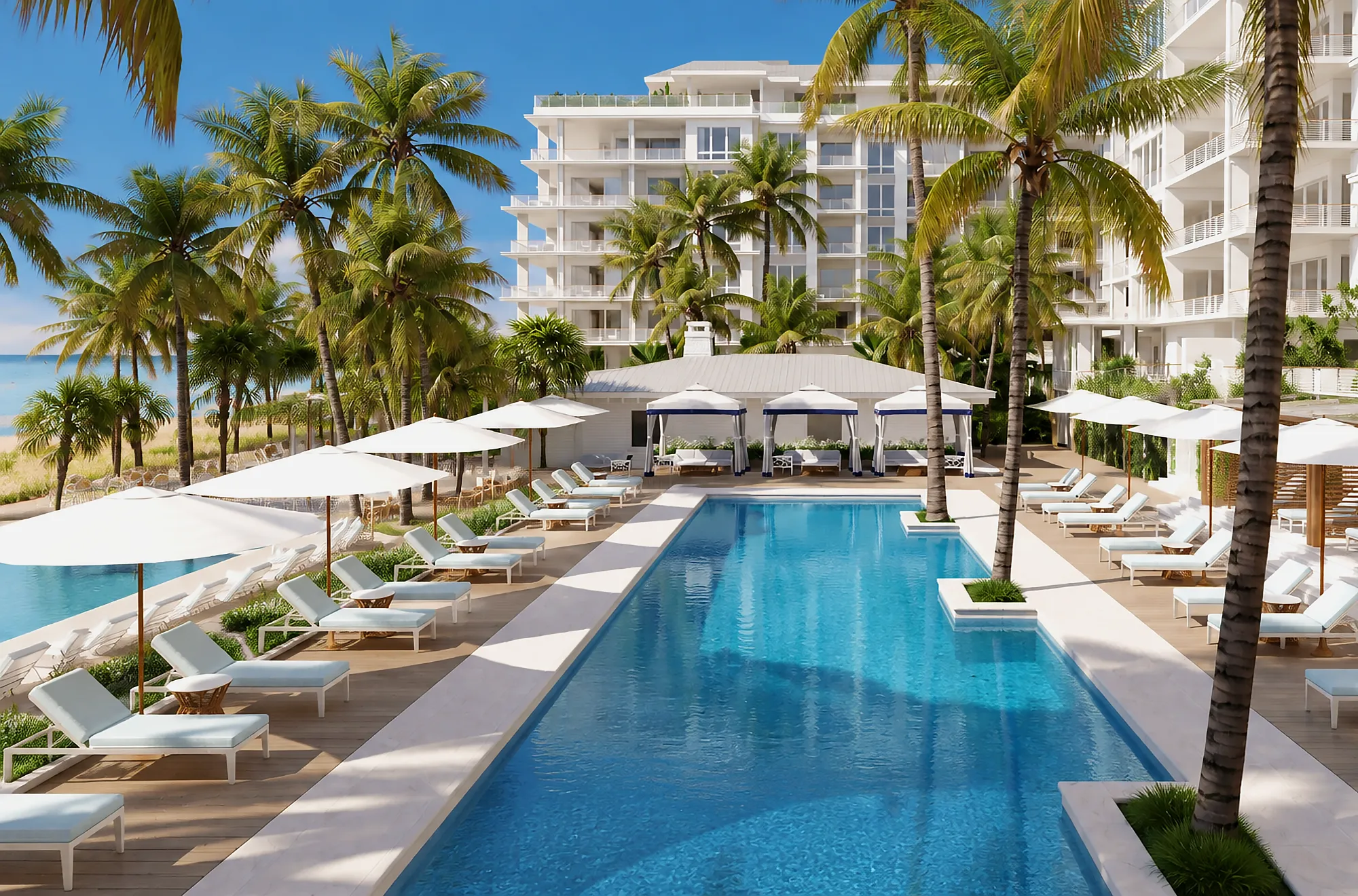 Palm-lined pool with cabanas and loungers beside the Gulf beach, below the residences at Naples Beach Club, Naples, Florida