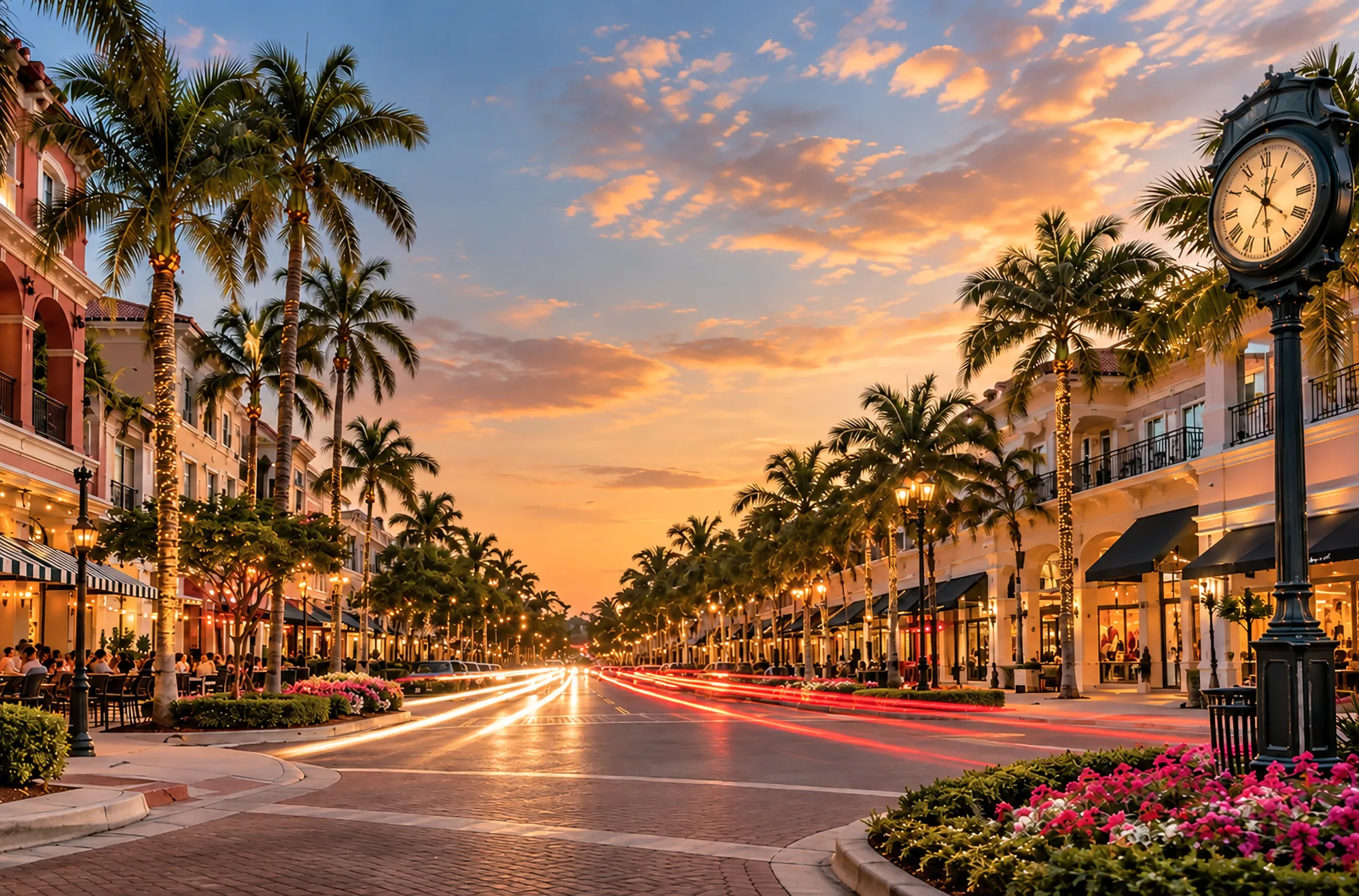 Street clock and string-lit palms on Fifth Avenue South at sunset, a short drive south of The Moorings in Naples, Florida